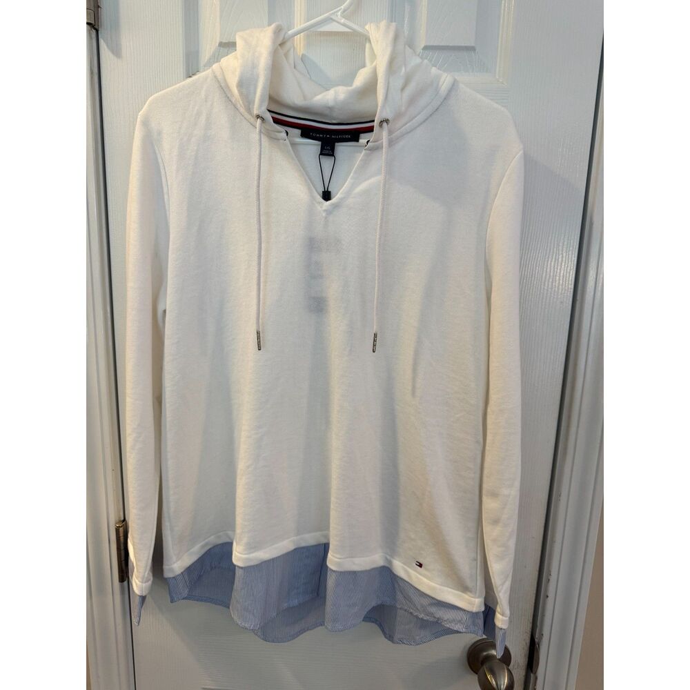 Tommy Hilfiger Women's Mixed-media Poplin-hem White Hoodie Large NWT